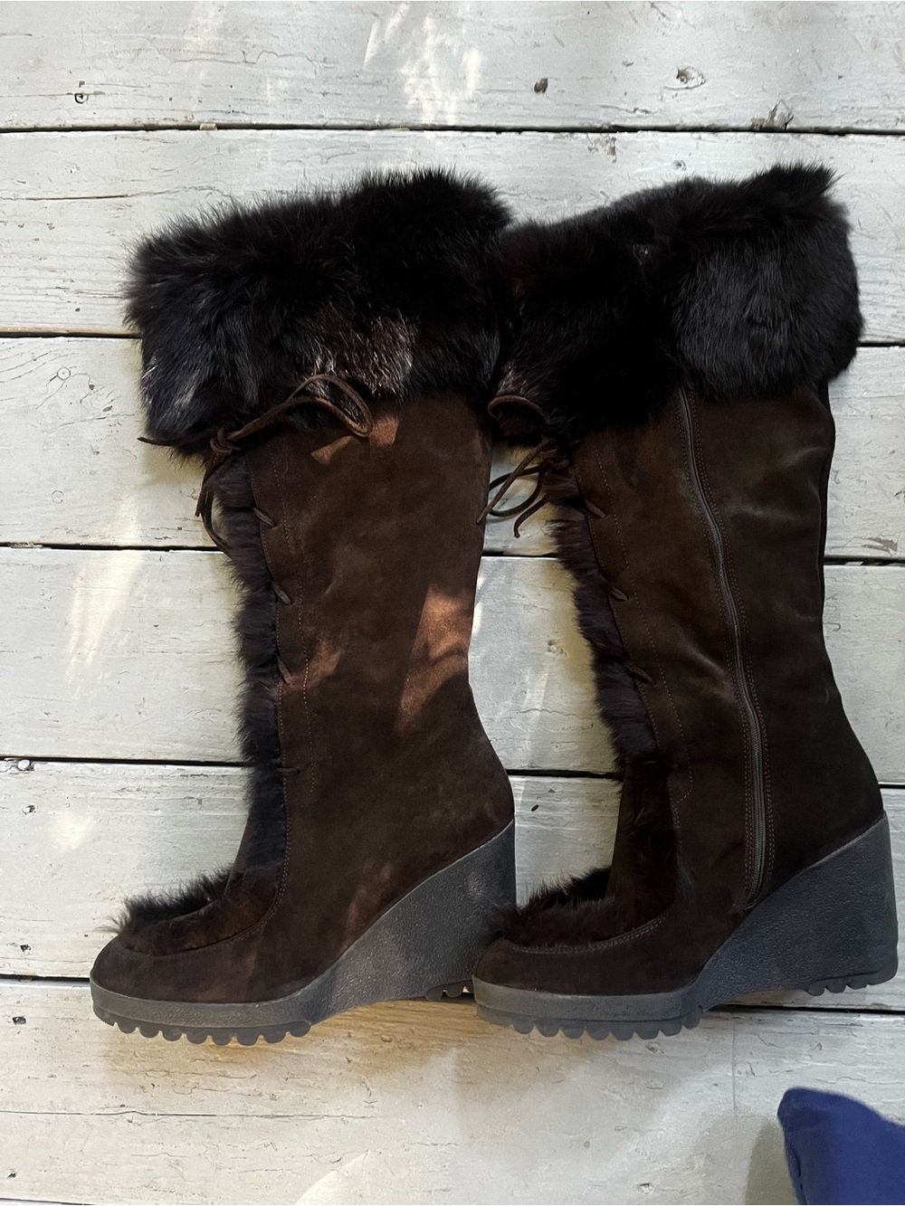 Coach Karita Dark Brown Suede Knee-High Fur-Trim Wedge Boots
